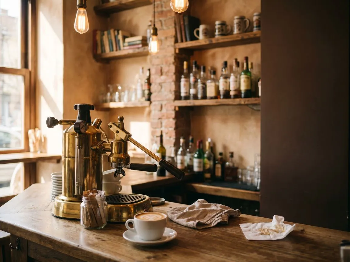 Kafić sa espresso aparatom na drvenom šanku